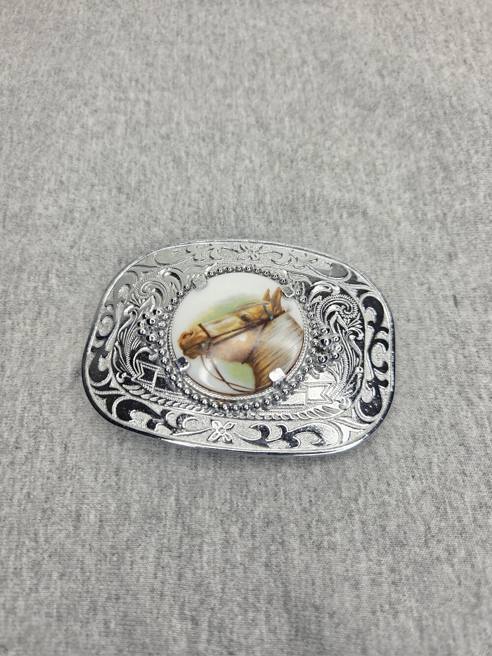 Vintage Horse Cameo Chrome Scroll Western Belt Buckle